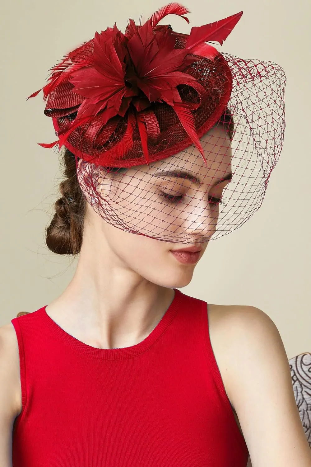 BABEYOND Fascinator Hat Veil Feather Fascinator Tea Party Kentucky Pillbox Derby Hat Bridal Wedding Party