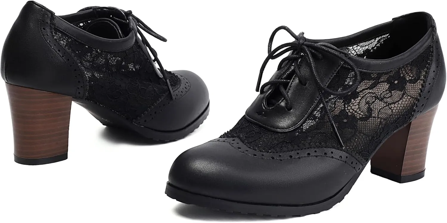 Block Heel Derby Lace Up Women Office Work Brogue Oxford