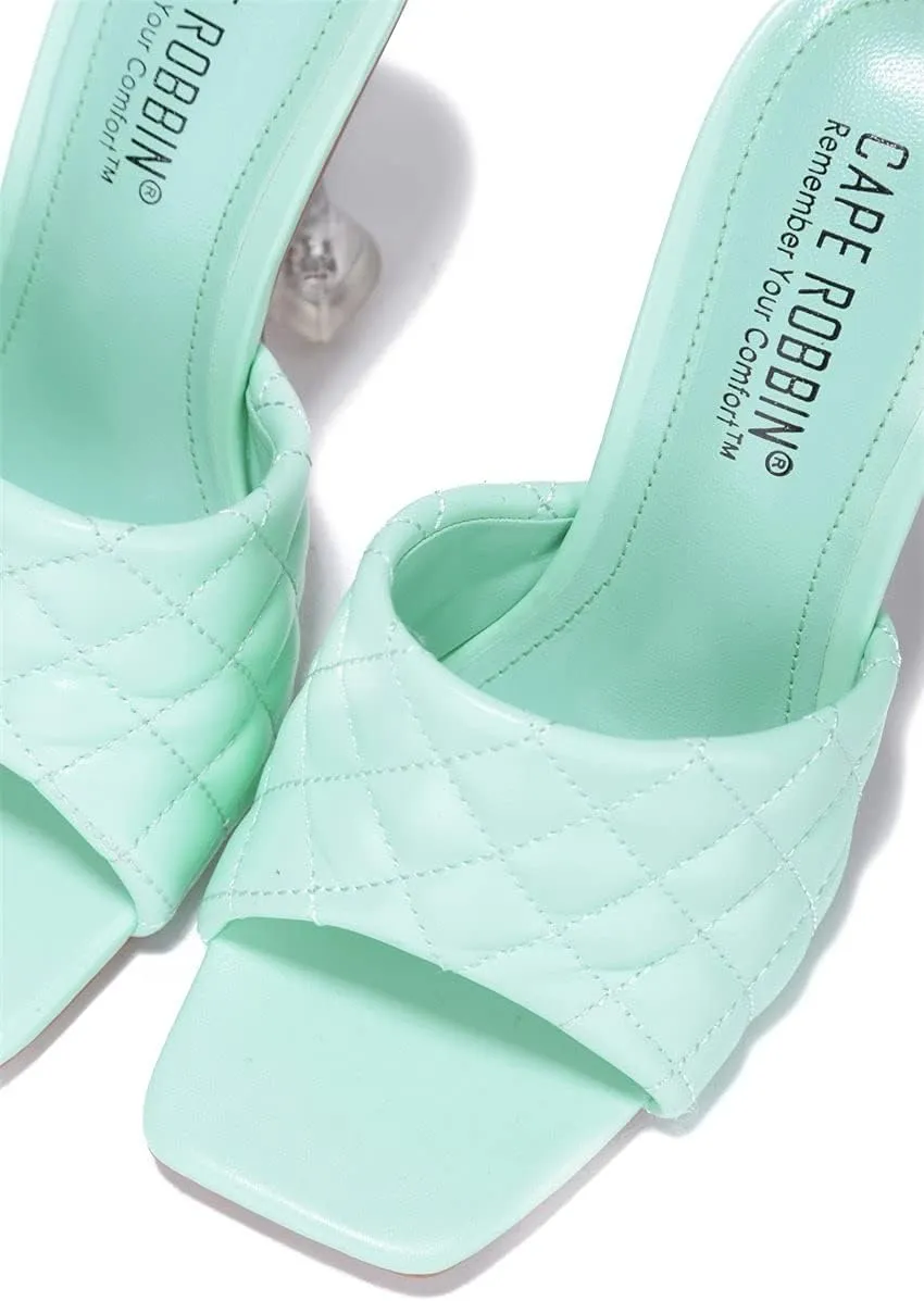 Cape Robbin Rafa Blue Aqua Quilted Stiletto Mule Square Toe Heels Pumps Sandals