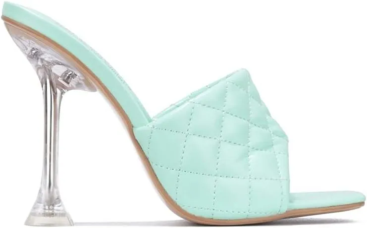 Cape Robbin Rafa Blue Aqua Quilted Stiletto Mule Square Toe Heels Pumps Sandals