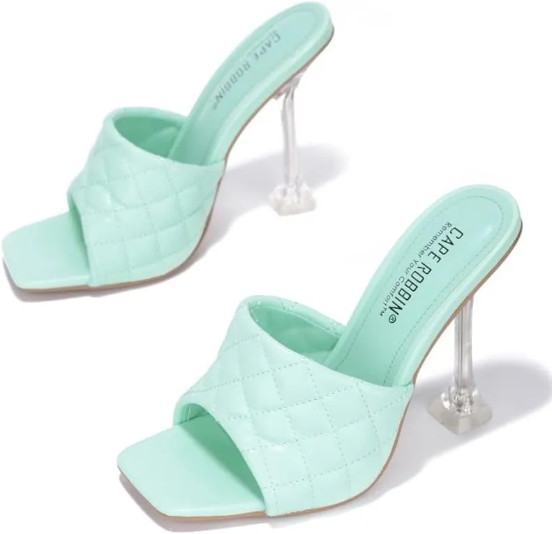 Cape Robbin Rafa Blue Aqua Quilted Stiletto Mule Square Toe Heels Pumps Sandals