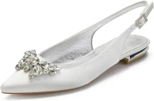 COMFASH Women's Slingback Flats Satin Pointed Toe Ballerina Walking Prom Evening Bridal Party Dress Flats Shoes, White