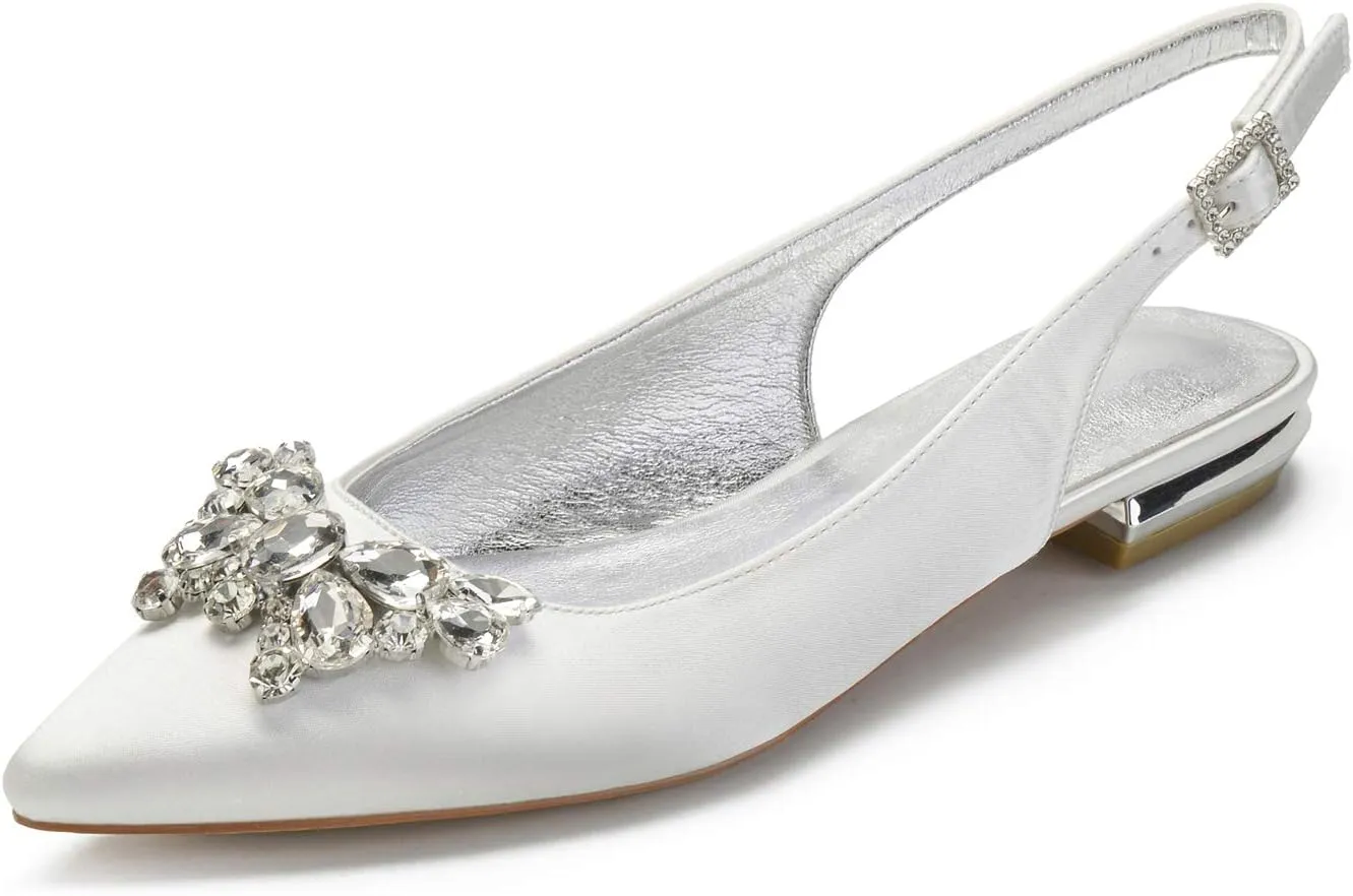 COMFASH Women's Slingback Flats Satin Pointed Toe Ballerina Walking Prom Evening Bridal Party Dress Flats Shoes, White