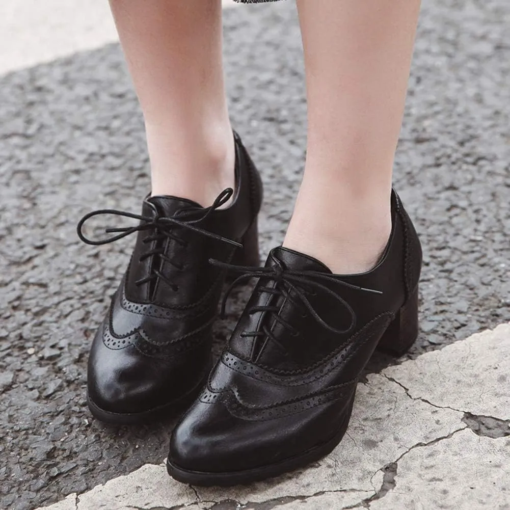 CYNLLIO Women's Vintage Wingtips Lace up Oxfords Brogues Shoes Mid Chunky Heels Pumps Perforated Dress Saddle Shoes