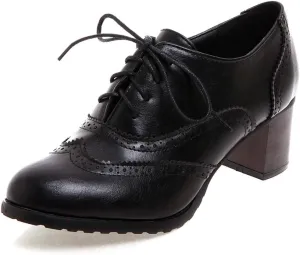 CYNLLIO Women's Vintage Wingtips Lace up Oxfords Brogues Shoes Mid Chunky Heels Pumps Perforated Dress Saddle Shoes