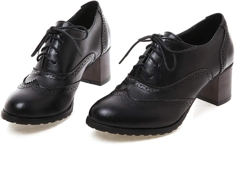 CYNLLIO Women's Vintage Wingtips Lace up Oxfords Brogues Shoes Mid Chunky Heels Pumps Perforated Dress Saddle Shoes