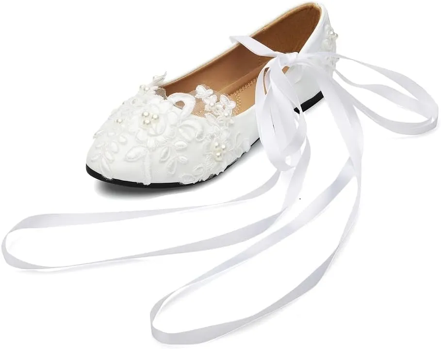Dress First Women’s Strap Wedding Flat Bridal Closed Toe Shoes Low Heel Flats with Pearl