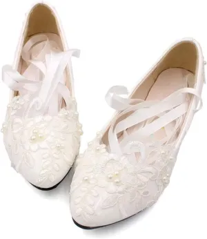 Dress First Women’s Strap Wedding Flat Bridal Closed Toe Shoes Low Heel Flats with Pearl