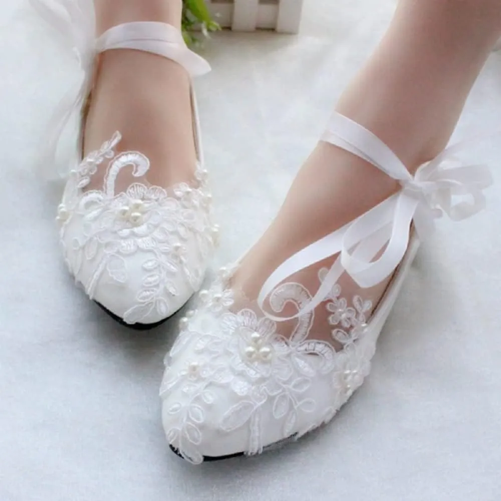 Dress First Women’s Strap Wedding Flat Bridal Closed Toe Shoes Low Heel Flats with Pearl
