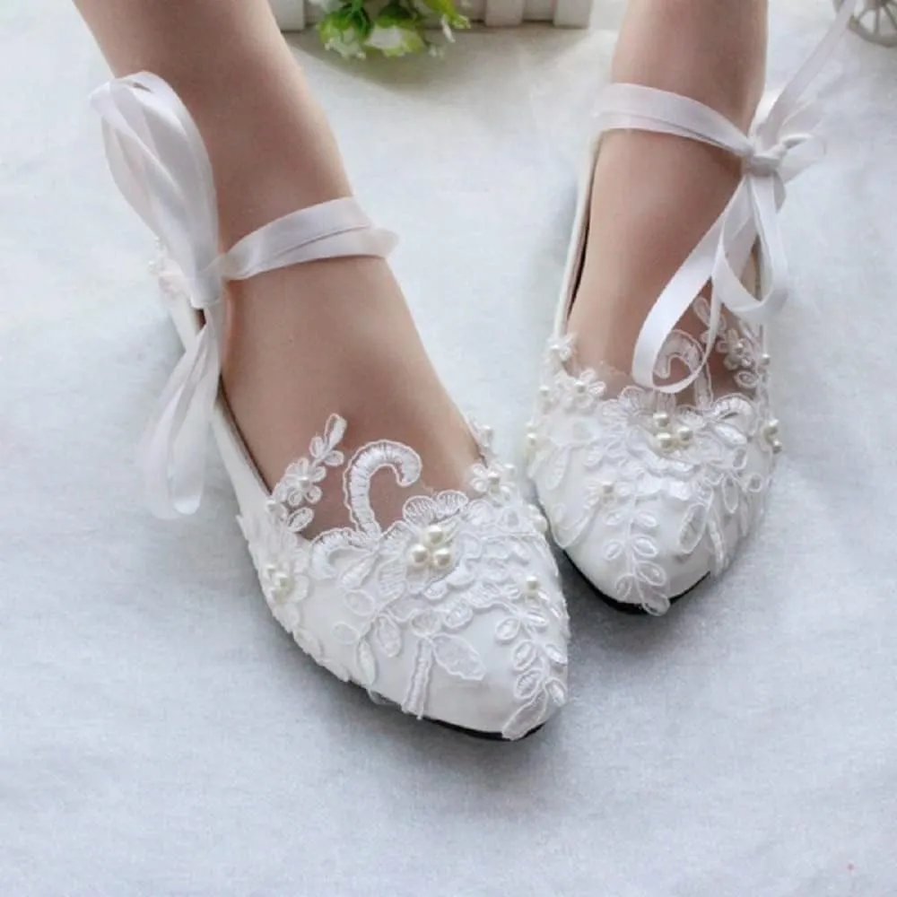 Dress First Women’s Strap Wedding Flat Bridal Closed Toe Shoes Low Heel Flats with Pearl