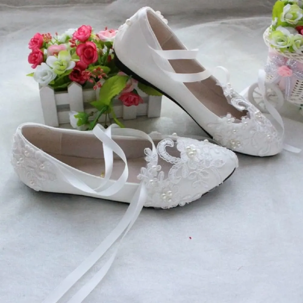 Dress First Women’s Strap Wedding Flat Bridal Closed Toe Shoes Low Heel Flats with Pearl