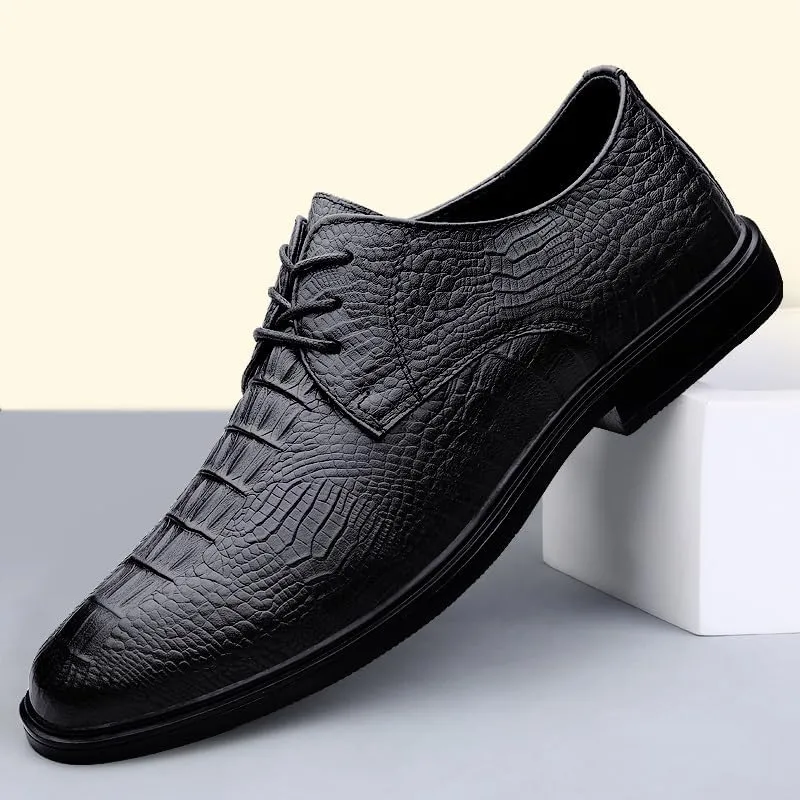 Dress Oxford for Men Lace Up Round Toe Crocodile Print Vegan Leather Derby Shoes Anti-Slip Low Top Block Heel Non Slip Business