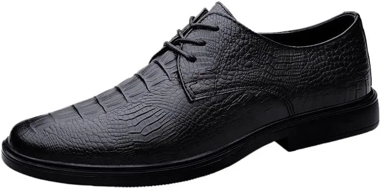 Dress Oxford for Men Lace Up Round Toe Crocodile Print Vegan Leather Derby Shoes Anti-Slip Low Top Block Heel Non Slip Business