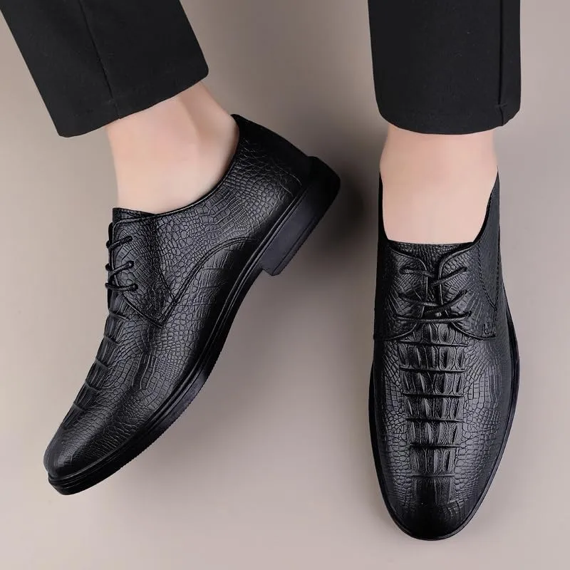 Dress Oxford for Men Lace Up Round Toe Crocodile Print Vegan Leather Derby Shoes Anti-Slip Low Top Block Heel Non Slip Business