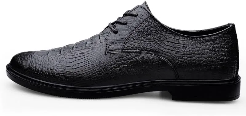 Dress Oxford for Men Lace Up Round Toe Crocodile Print Vegan Leather Derby Shoes Anti-Slip Low Top Block Heel Non Slip Business