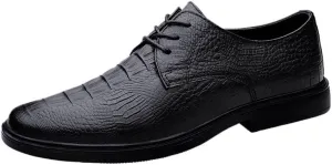 Dress Oxford for Men Lace Up Round Toe Crocodile Print Vegan Leather Derby Shoes Anti-Slip Low Top Block Heel Non Slip Business