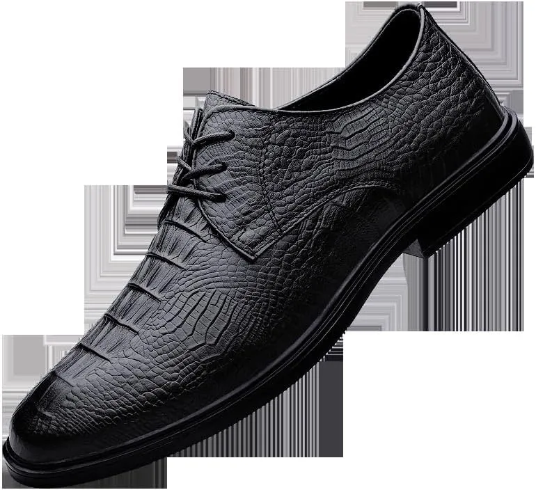 Dress Oxford for Men Lace Up Round Toe Crocodile Print Vegan Leather Derby Shoes Anti-Slip Low Top Block Heel Non Slip Business