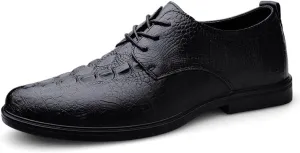 Dress Oxford for Men Lace Up Round Toe Leather Crocodile Print Derby Shoes Non Slip Block Heel Slip Resistant Wedding