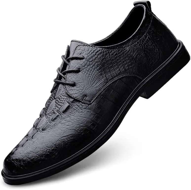 Dress Oxford for Men Lace Up Round Toe Leather Crocodile Print Derby Shoes Non Slip Block Heel Slip Resistant Wedding