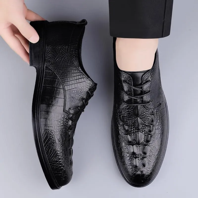 Dress Oxford for Men Lace Up Round Toe Leather Crocodile Print Derby Shoes Non Slip Block Heel Slip Resistant Wedding