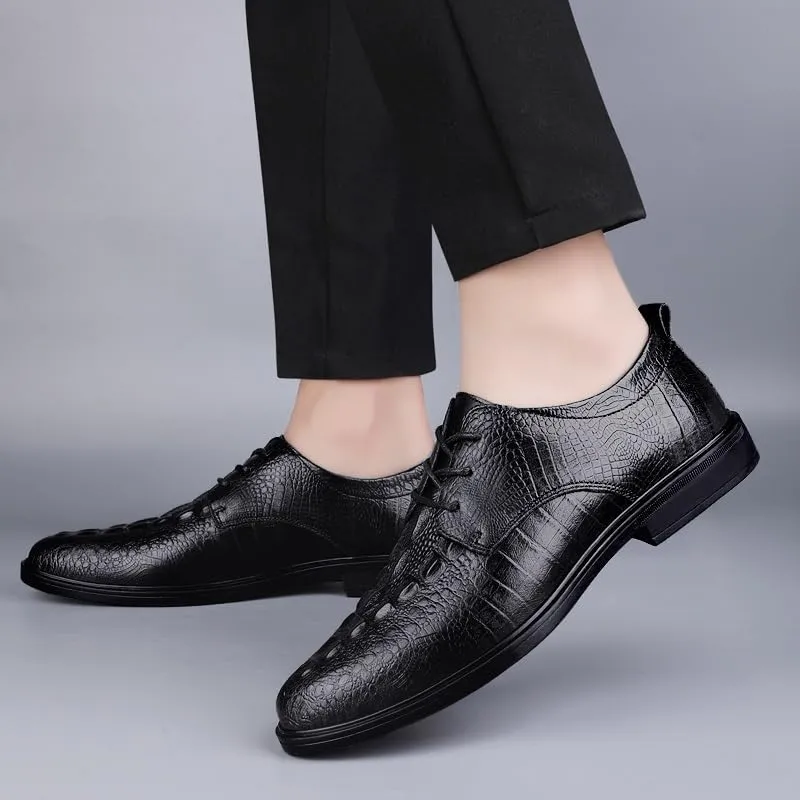 Dress Oxford for Men Lace Up Round Toe Leather Crocodile Print Derby Shoes Non Slip Block Heel Slip Resistant Wedding