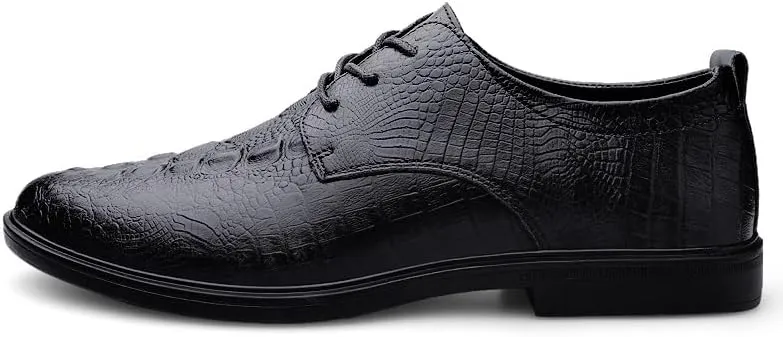 Dress Oxford for Men Lace Up Round Toe Leather Crocodile Print Derby Shoes Non Slip Block Heel Slip Resistant Wedding