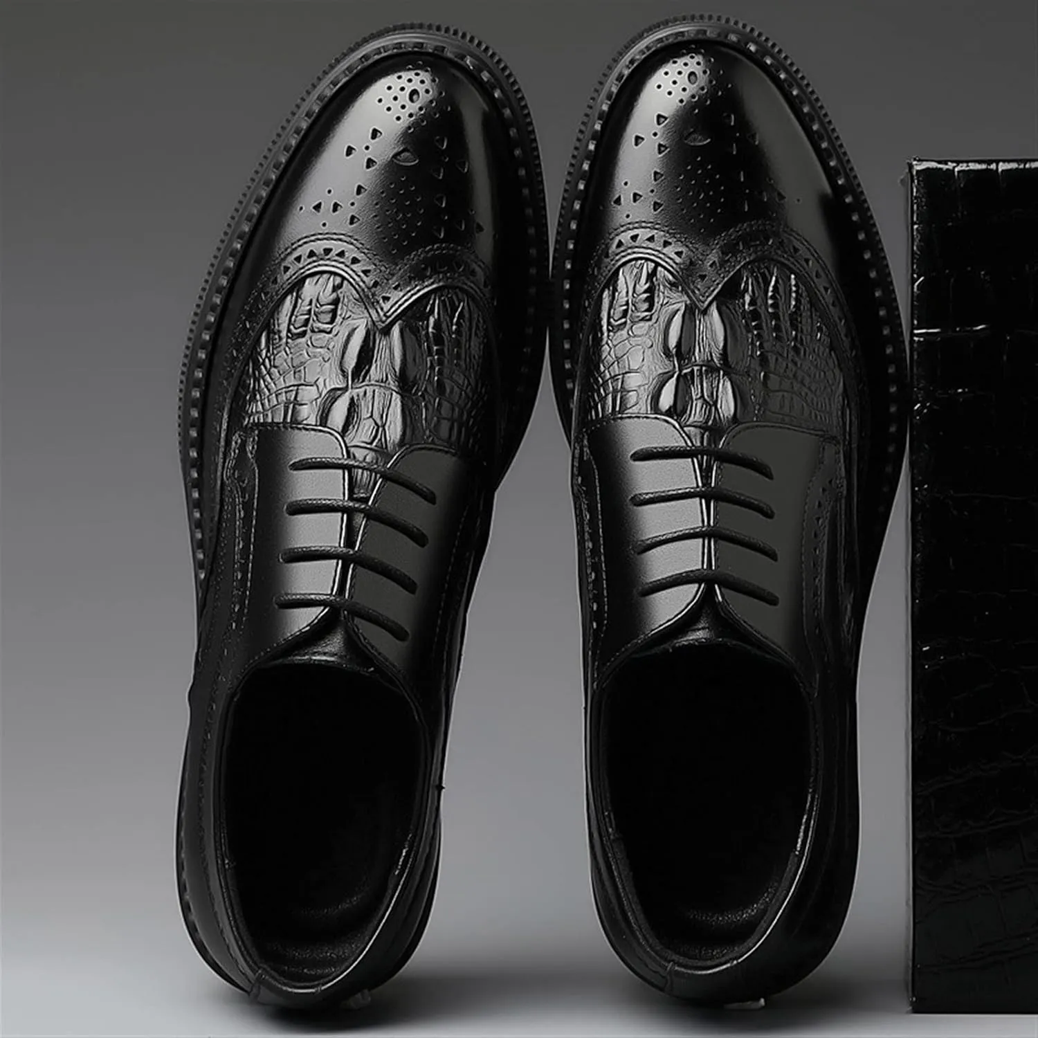 Dress Oxford Formal Shoes for Men Lace Up Derby Shoes Brogue Embossed Wing Tip Crocodile Embossed Leather Anti-Slip Slip Resistant Rubber Sole Suitable for Many Occasions.
