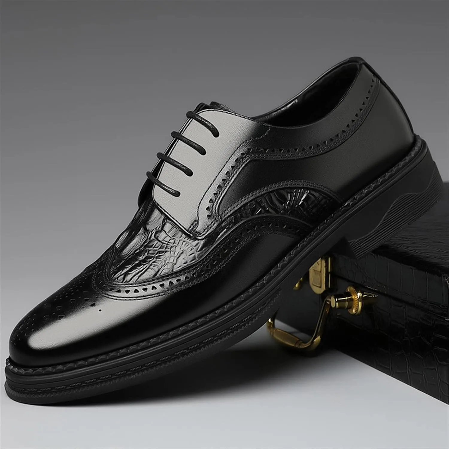 Dress Oxford Formal Shoes for Men Lace Up Derby Shoes Brogue Embossed Wing Tip Crocodile Embossed Leather Anti-Slip Slip Resistant Rubber Sole Suitable for Many Occasions.