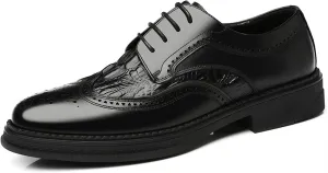 Dress Oxford Formal Shoes for Men Lace Up Derby Shoes Brogue Embossed Wing Tip Crocodile Embossed Leather Anti-Slip Slip Resistant Rubber Sole Suitable for Many Occasions.
