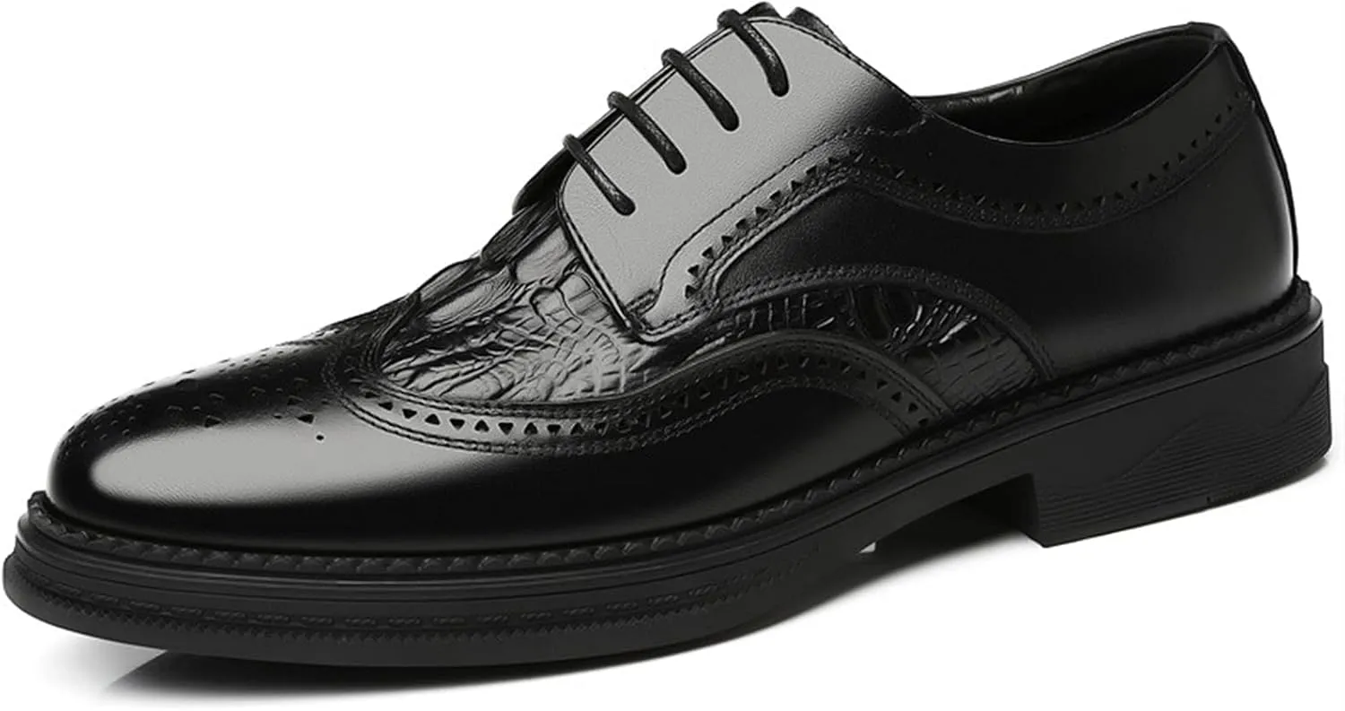 Dress Oxford Formal Shoes for Men Lace Up Derby Shoes Brogue Embossed Wing Tip Crocodile Embossed Leather Anti-Slip Slip Resistant Rubber Sole Suitable for Many Occasions.