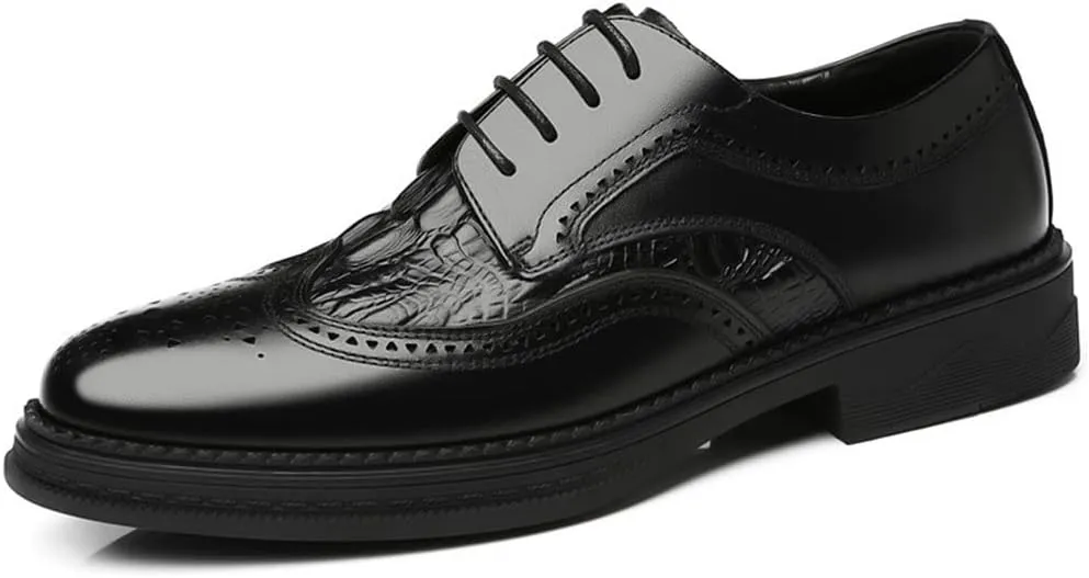 Dress Oxford Shoes for Men Lace Up Derby Shoes Brogue Embossed Wing tip Crocodile Embossed Leather Slip Resistant Low Top Block Heel Non Slip Prom