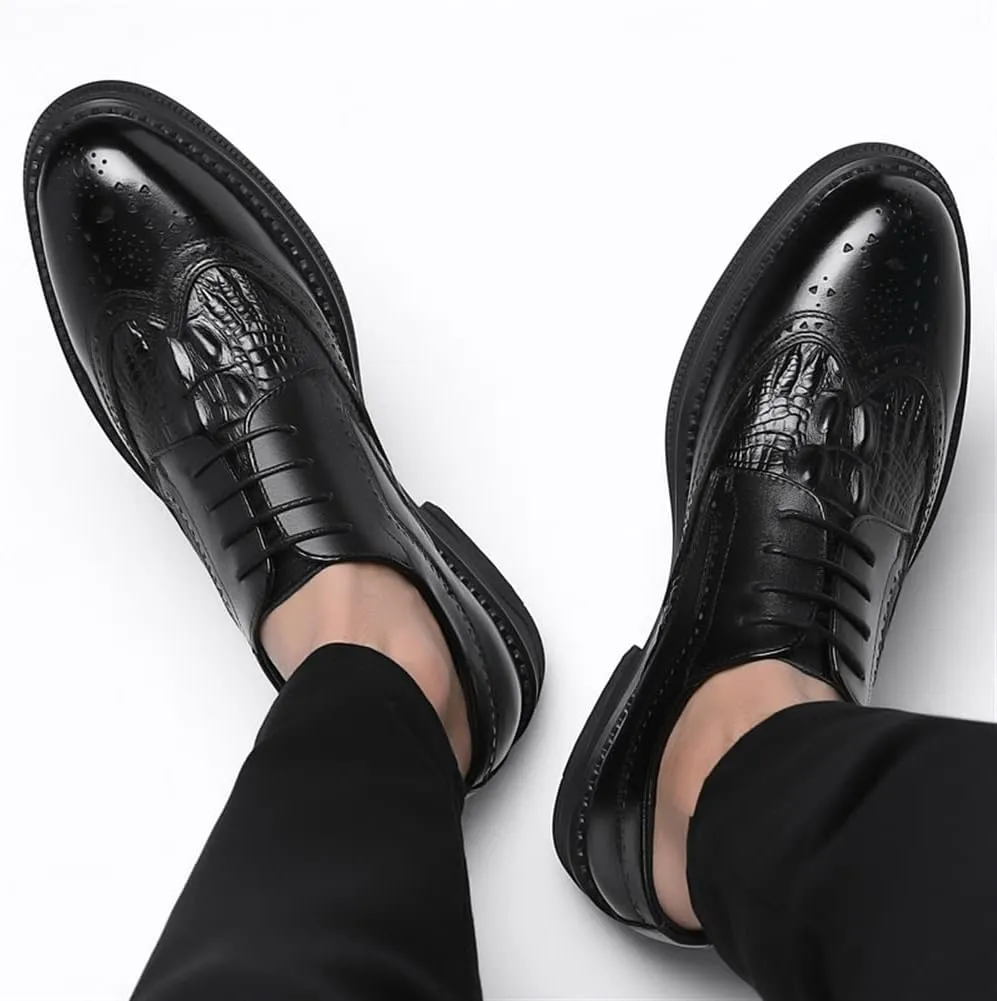 Dress Oxford Shoes for Men Lace Up Derby Shoes Brogue Embossed Wing tip Crocodile Embossed Leather Slip Resistant Low Top Block Heel Non Slip Prom