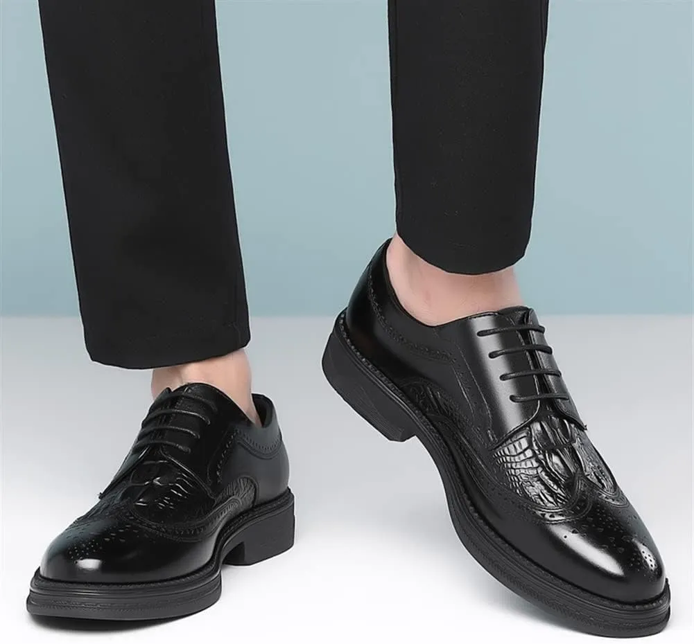Dress Oxford Shoes for Men Lace Up Derby Shoes Brogue Embossed Wing tip Crocodile Embossed Leather Slip Resistant Low Top Block Heel Non Slip Prom