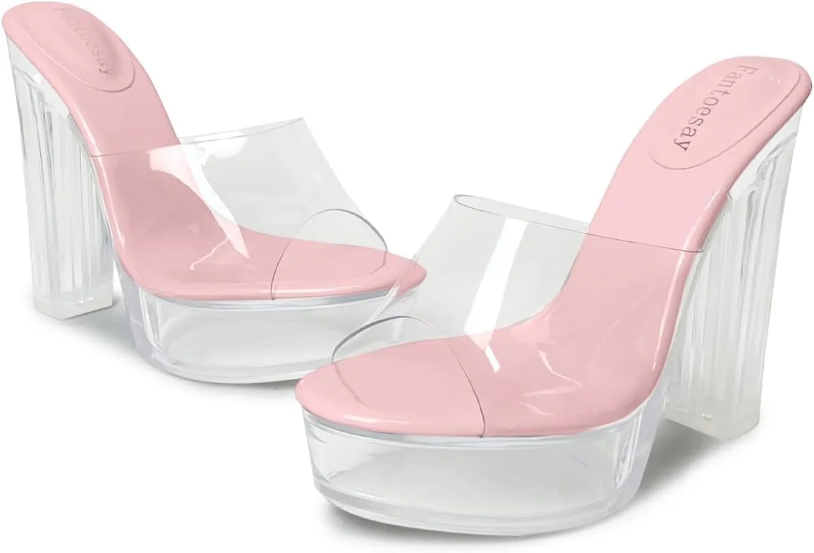Fantoesay Women's Clear Platform Sandals Chunky Heel Mules Slip On Sandals