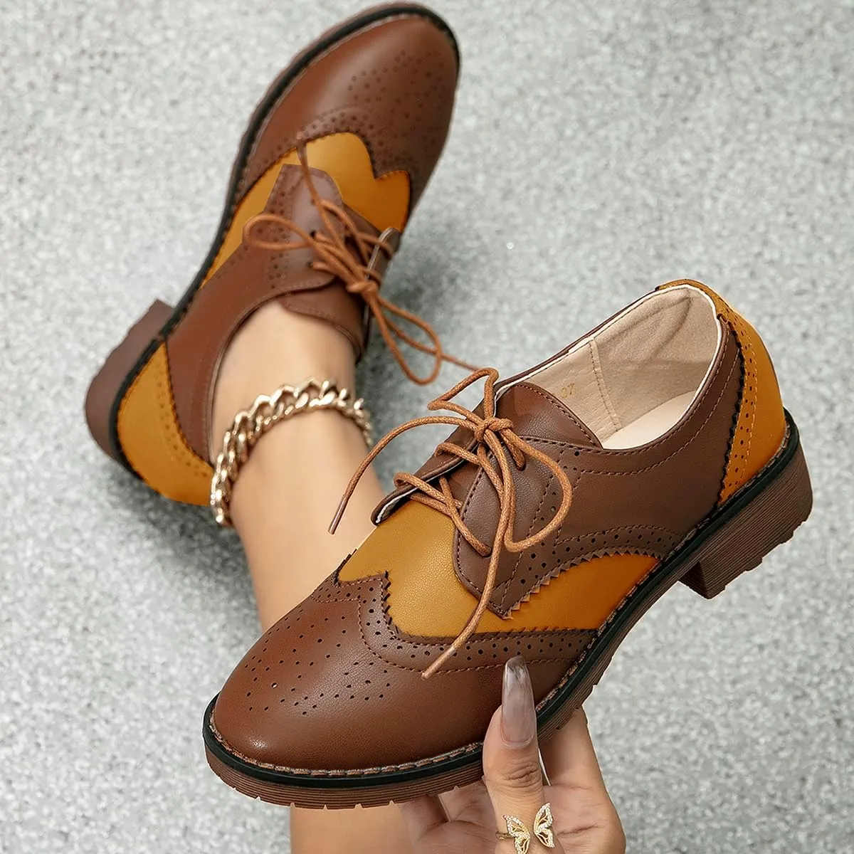 Fashion Women Oxford Shoes Block Heel Lace Up Derby Casual Brogue Shoes Brown Sneaker