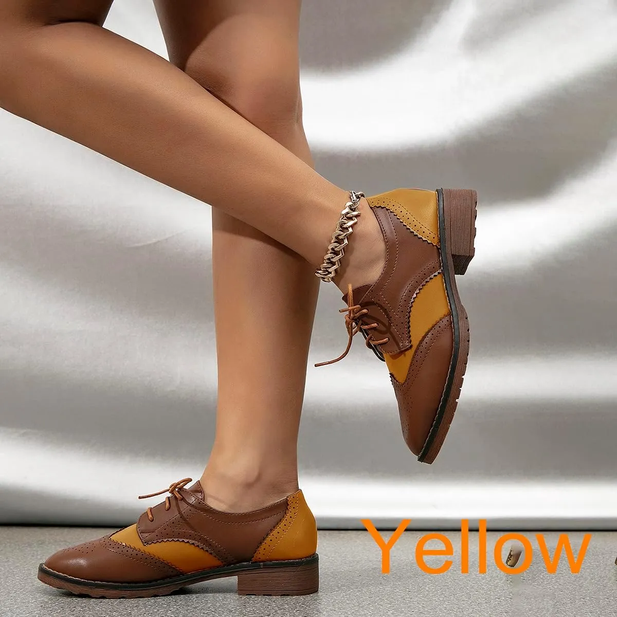 Fashion Women Oxford Shoes Block Heel Lace Up Derby Casual Brogue Shoes Brown Sneaker