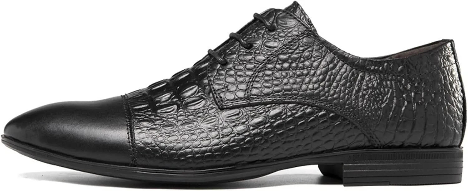 Formal Shoes for Men Lace Up Crocodile Print Derby Shoes Round Cap Toe Leather Rubber Sole Non Slip Block Heel Classic Suitable for Many Occasions.