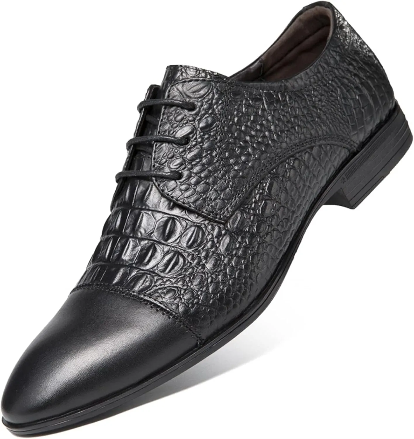Formal Shoes for Men Lace Up Crocodile Print Derby Shoes Round Cap Toe Leather Rubber Sole Non Slip Block Heel Classic Suitable for Many Occasions.
