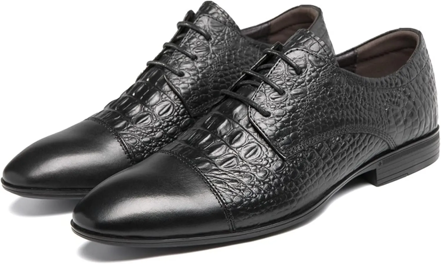 Formal Shoes for Men Lace Up Crocodile Print Derby Shoes Round Cap Toe Leather Rubber Sole Non Slip Block Heel Classic Suitable for Many Occasions.