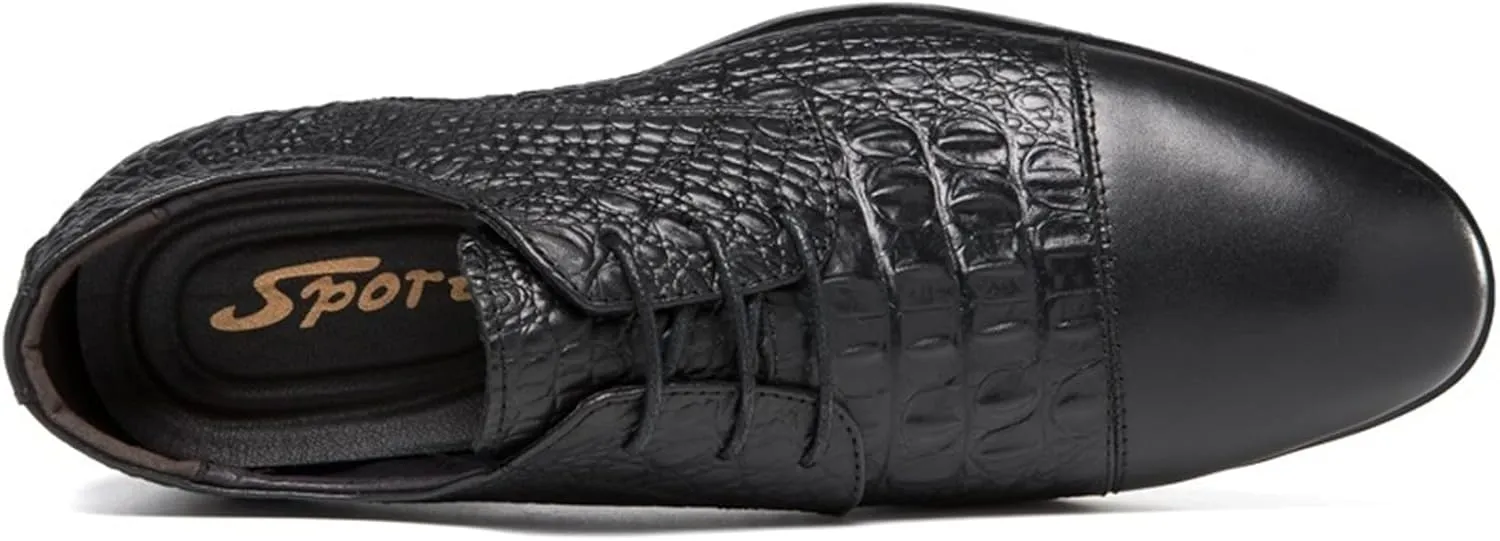 Formal Shoes for Men Lace Up Crocodile Print Derby Shoes Round Cap Toe Leather Rubber Sole Non Slip Block Heel Classic Suitable for Many Occasions.