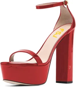 FSJ Women Glossy Single Strap Open Toe Platform Sandals Chunky High Heel Ankle Strap Summer Party Prom Dress Shoes Size 4-15 US