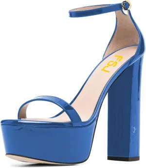 FSJ Women Glossy Single Strap Open Toe Platform Sandals Chunky High Heel Ankle Strap Summer Party Prom Dress Shoes Size 4-15 US
