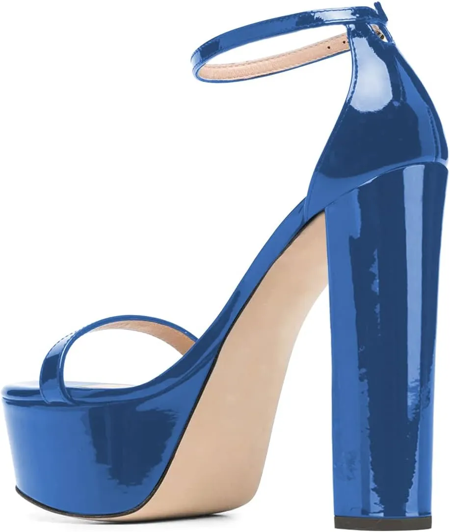 FSJ Women Glossy Single Strap Open Toe Platform Sandals Chunky High Heel Ankle Strap Summer Party Prom Dress Shoes Size 4-15 US