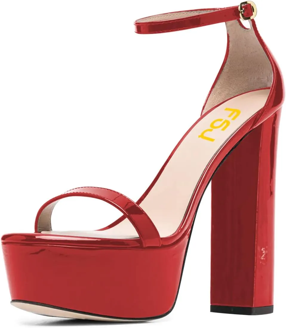 FSJ Women Glossy Single Strap Open Toe Platform Sandals Chunky High Heel Ankle Strap Summer Party Prom Dress Shoes Size 4-15 US