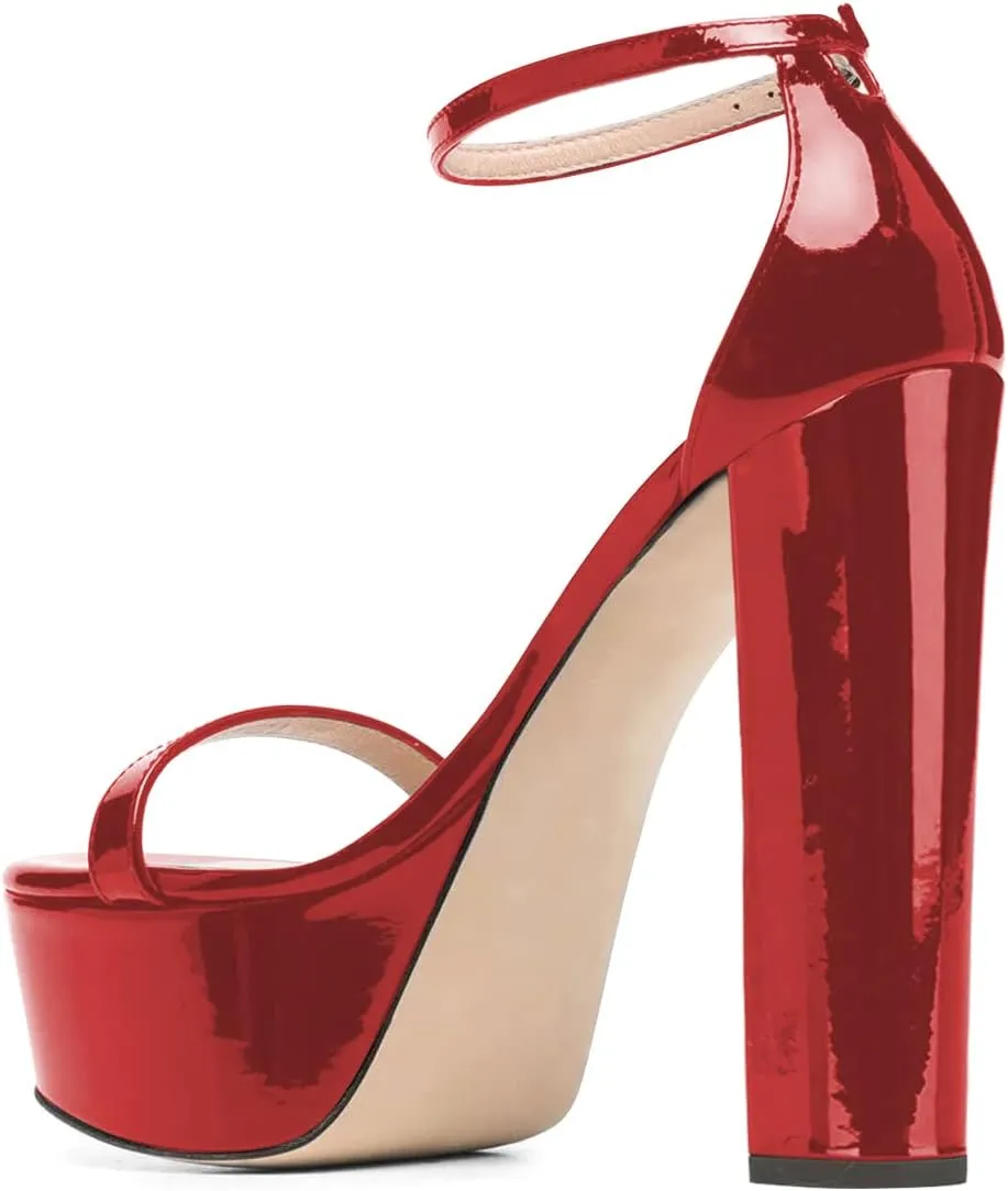 FSJ Women Glossy Single Strap Open Toe Platform Sandals Chunky High Heel Ankle Strap Summer Party Prom Dress Shoes Size 4-15 US