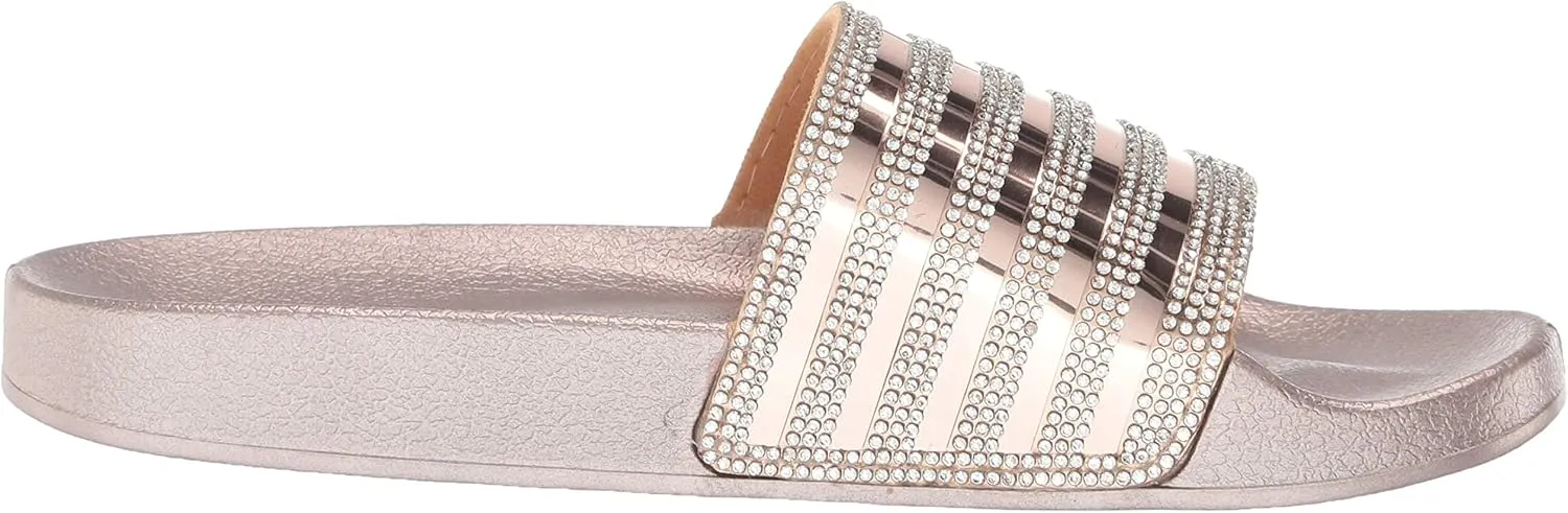 FUNKYMONKEY Women's Slides Rhinestone Glitter Slip On Footbed Platform Sandals