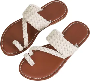 GORGLITTER Girl's Strappy Leather Flats Sandal Cute Braided Dressy Toe Ring Slip on Slide Sandals