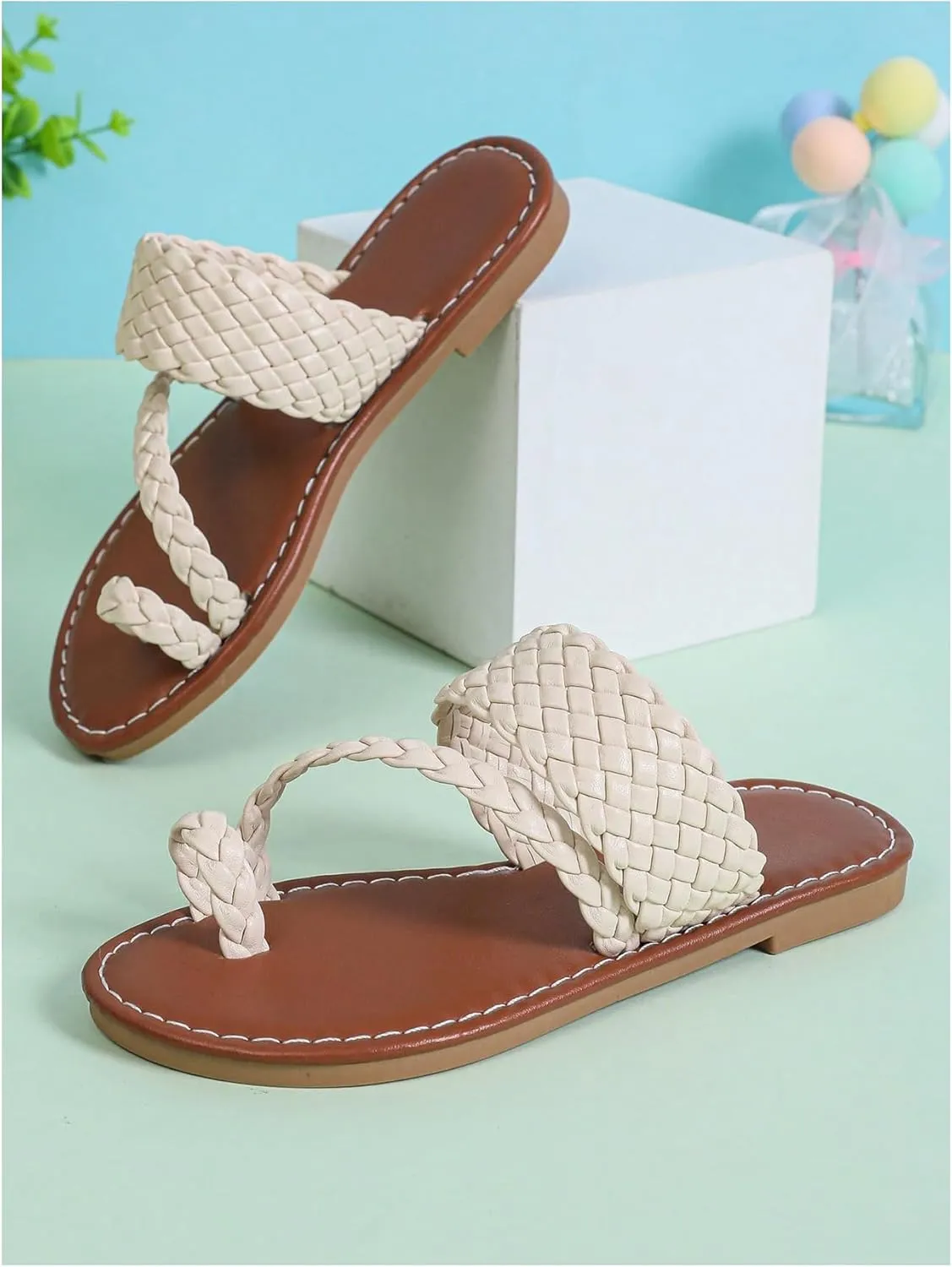 GORGLITTER Girl's Strappy Leather Flats Sandal Cute Braided Dressy Toe Ring Slip on Slide Sandals