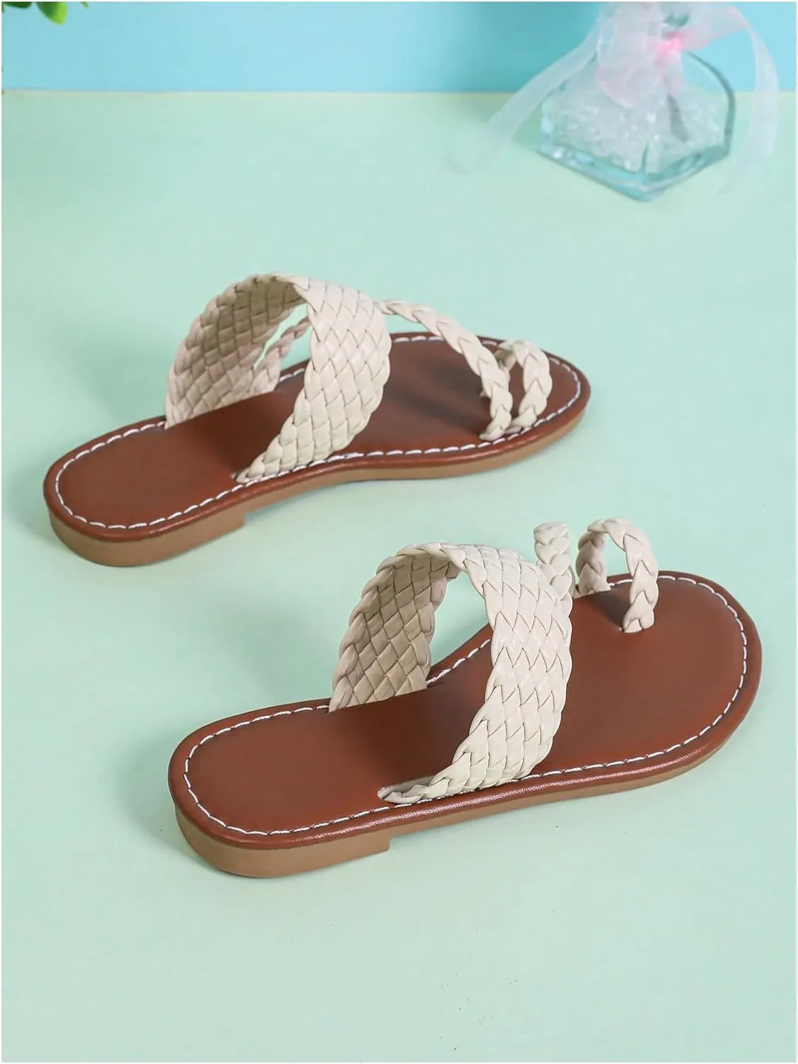 GORGLITTER Girl's Strappy Leather Flats Sandal Cute Braided Dressy Toe Ring Slip on Slide Sandals