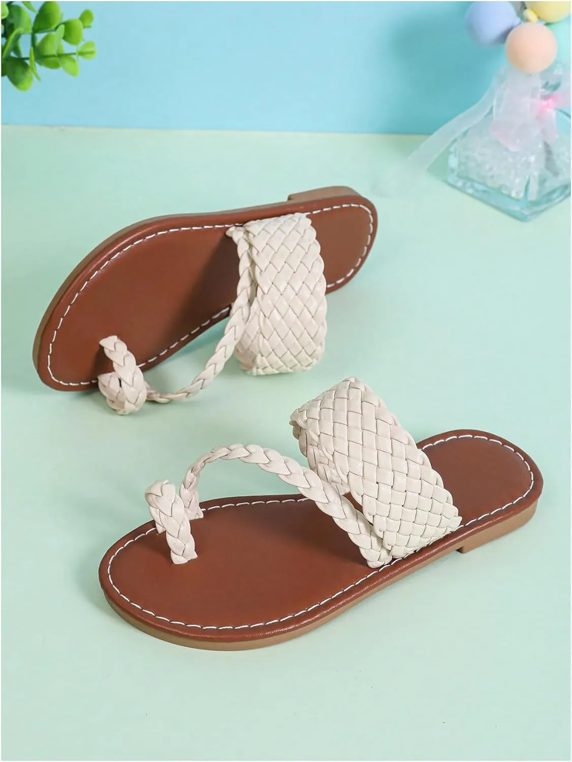 GORGLITTER Girl's Strappy Leather Flats Sandal Cute Braided Dressy Toe Ring Slip on Slide Sandals